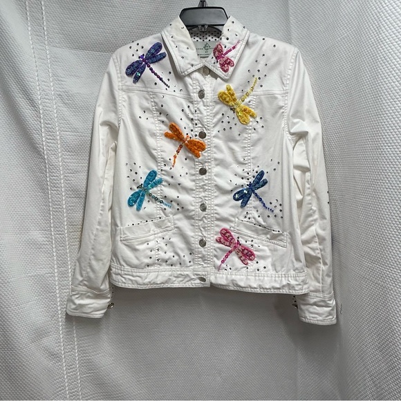 White Jean Jacket with Dragonfly Embroidery‎ and Sequins size medium - Picture 1 of 10